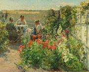 Knud Bergslien Blomstrende haveeksterir med tre kvinder ved et bord France oil painting artist